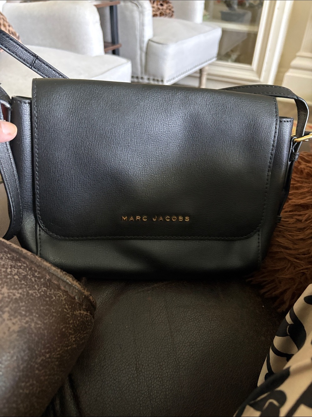 Marc Jacobs Black Leather Flap Crossbody with Gold Logo